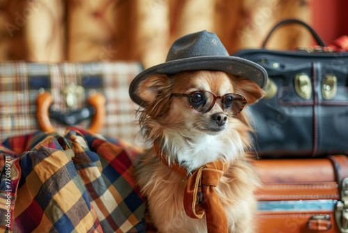 Happy dog packing its baggage to go on vacation, travel with pet companion.