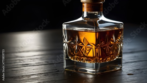 whiskey bottle and glass. bottle of whiskey. a bottle of whiskey and a glass on a table, 