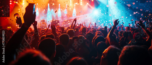 Big concert stage illustration. live music, instrumental, rock n roll session. Cheering crowd with raised hands with rays, searchlight Silhouette of people. festival background. Generative ai.