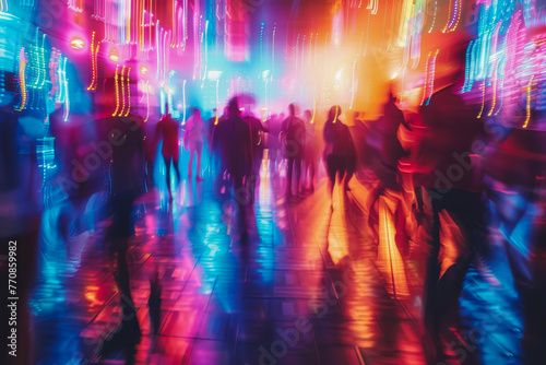 Vibrant Nightlife Crowd Blurred by Colorful Lights