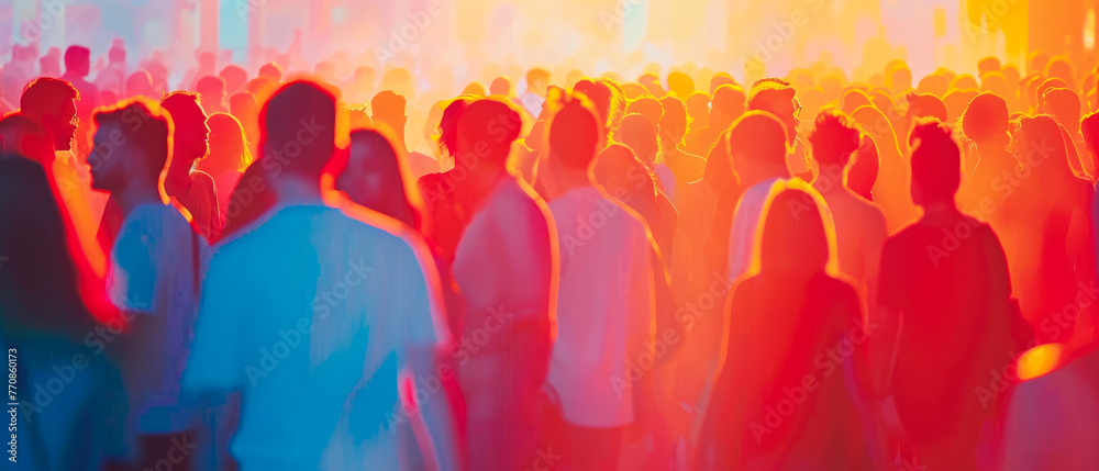 Abstract cartoon illustration with crowd. Cheering people with raised hands with rays, searchlight Silhouette of people. festival background. Generative ai.