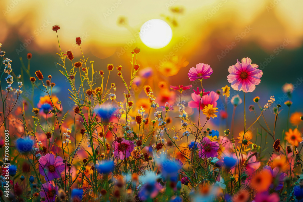 A serene sunset bathes a colorful meadow of daisies and wildflowers in warm