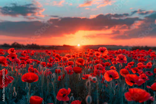 Red poppies basking under the warm glow of a setting sun
