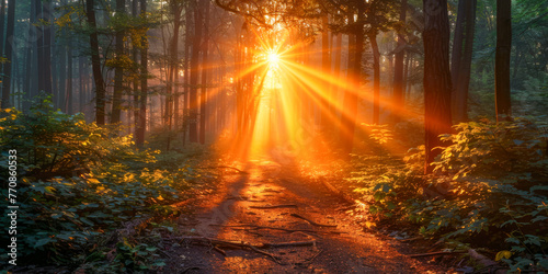 Forest path with the setting sun casting vivid rays