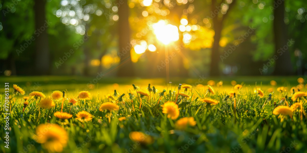 Vibrant park scene with dandelions and green grass, trees in the background - obrazy, fototapety, plakaty 