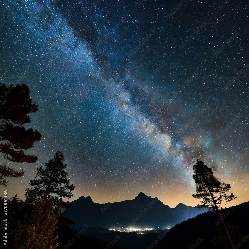 star-filled night sky, with the Milky Way stretching across the darkness like a shimmering ribbon, framed by silhouettes of mountains or trees. star-filled night sky, with the Milky Way stretching across the darkness like a shimmering ribbon, framed by silhouettes of mountains or trees.