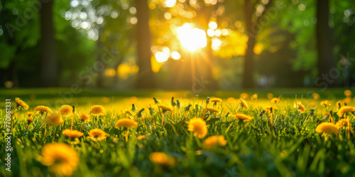 Vibrant park scene with dandelions and green grass, trees in the background