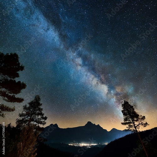 star-filled night sky, with the Milky Way stretching across the darkness like a shimmering ribbon, framed by silhouettes of mountains or trees.