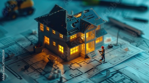 House building miniature on blueprint with construction worker