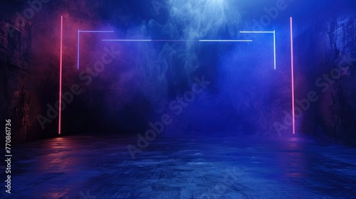 The dark stage shows, dark blue background, an empty dark scene, neon light, and spotlights and studio room with smoke float up the interior texture for display products - generative ai © Nia™