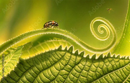 A small insect on the edge of a leaf with a spiral design in the background.