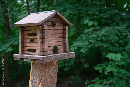 There is a handmade wooden birdhouse on the stump.