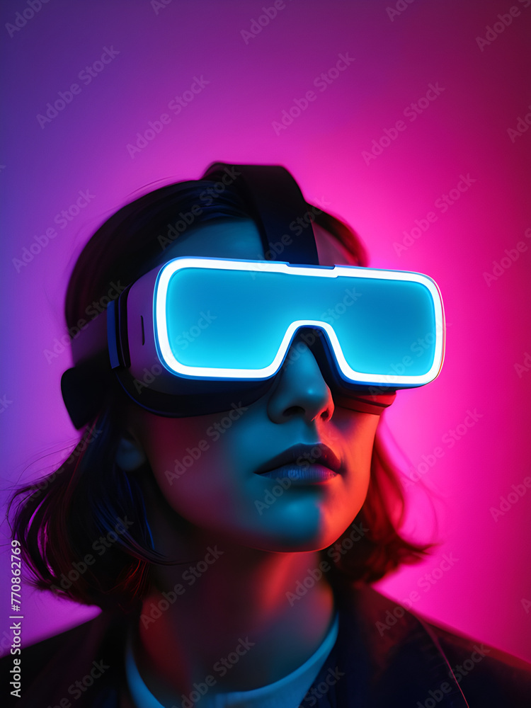 girl in virtual reality glasses close-up in neon style on a purple background girl in virtual reality glasses close-up in neon style on a purple background