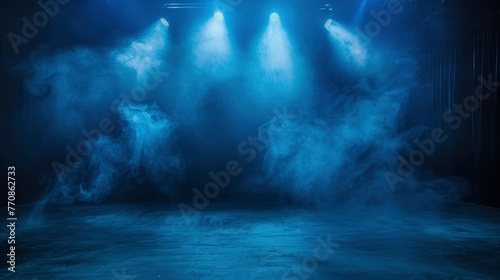 The dark stage shows, dark blue background, an empty dark scene, neon light, and spotlights and studio room with smoke float up the interior texture for display products - generative ai