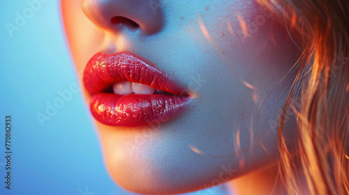 Close-up view of womans red glossy lips against a blur background.