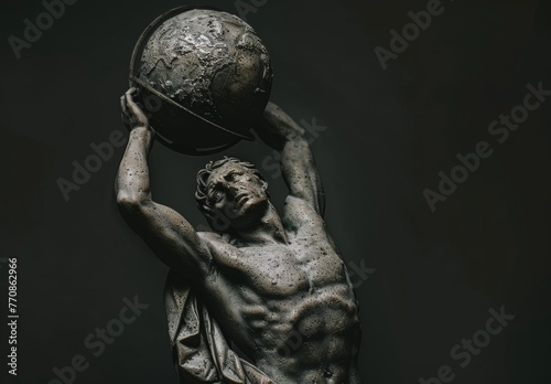 Statue of a strong man holding a planet in his hand photo