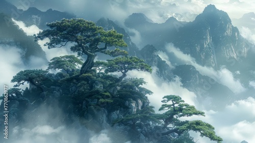 With ancient trees emerging from the ethereal fog, misty mountains are shrouded in clouds. © JackBoiler