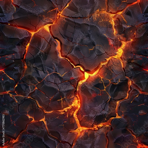 Lava field, vibrant reds and oranges, cracks with glowing magma