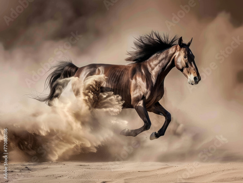Race of the stallions  wild horses overtaking on the plain  dynamic dust trails frozen in time