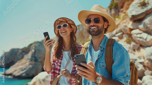 A couple of tourists in a sun hat with sunglasses. they holding a phones in their hands. Summer day at the sea coast