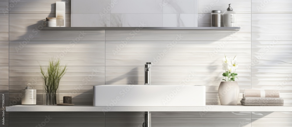 A bathroom with a sink, mirror, and shelf featuring modern cabinetry, a wood countertop, and a rectangular mirror. The plant adds a touch of nature to the sleek design A bathroom with a sink, mirror, and shelf featuring modern cabinetry, a wood countertop, and a rectangular mirror. The plant adds a touch of nature to the sleek design