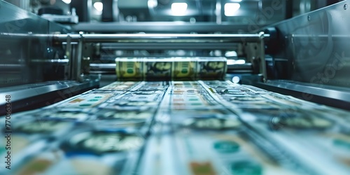 Printing machine producing dollar banknotes in a factory setting. Concept Factory, Printing machine, Dollar banknotes, Manufacturing, Money photo