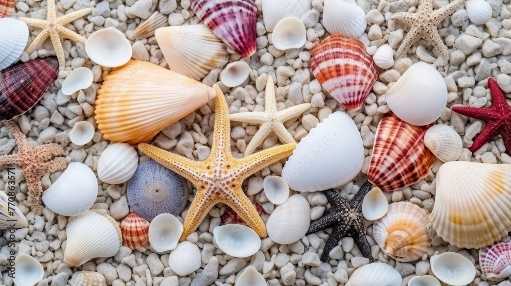 Summer travel banner with seashells, corals, and starfish on pure white sand, ocean vacation concept