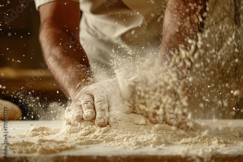 A close-up view of a baker vigorously kneading dough on a floured surface, with flour particles suspended in the air