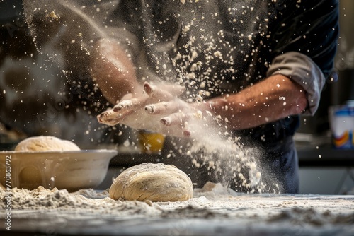 A man is sprinkling flour on a tabletop with flour particles suspended in the air as he prepares dough