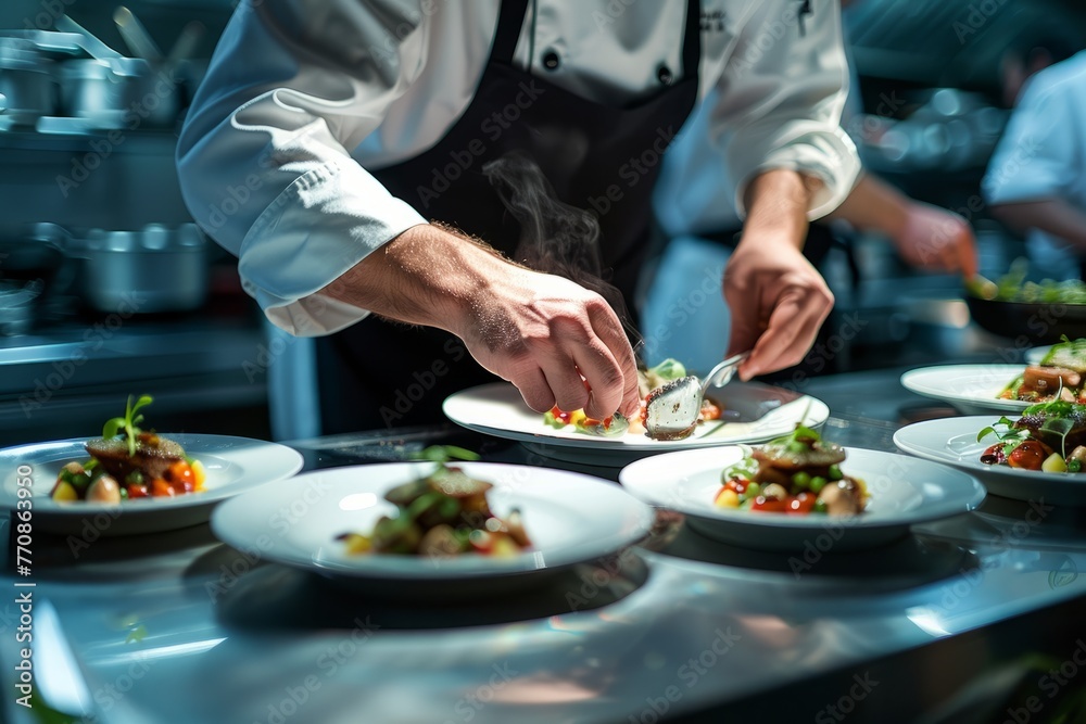 A chef meticulously arranges food on a plate in a sophisticated kitchen setting