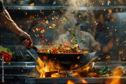 A chef is actively stir-frying a variety of ingredients in a wok placed on a flaming stove, with vegetables flying in the air