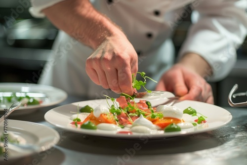 A chef carefully arranges food on a plate in a fine dining restaurant