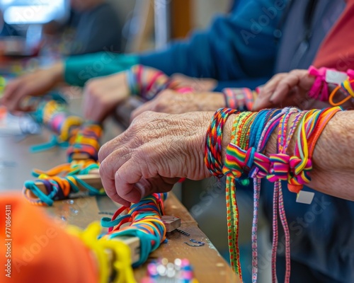 Colorful Down syndrome awareness bracelets being crafted by volunteers symbolizing hope and solidarity in a community setting