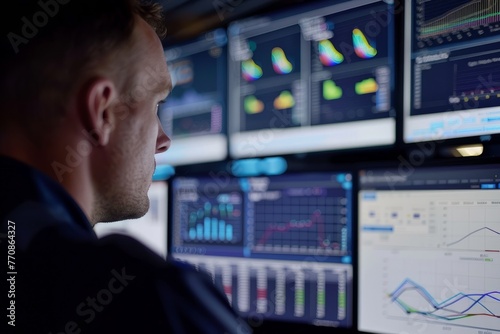 A man is sitting in front of multiple computer monitors, monitoring cloud performance metrics in real-time