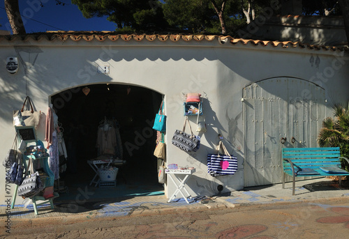 Stylish Bag Shop At The Promenade Of Cala Rajada Mallorca On A Wonderful Sunny Spring Day With A Clear Blue Sky photo