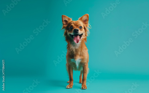 a dog with its tongue out stands on a blue background 399a0442-5f07-4c73-be92-a28dc5e1cbf8 3 photo