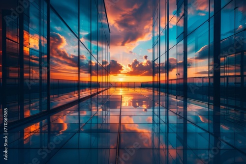 The sun is setting behind a reflective glass building, creating dramatic lighting and reflections