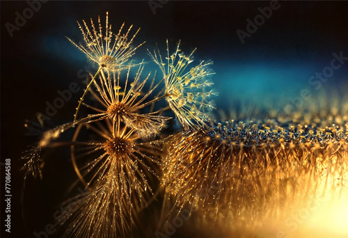 The image features two dandelions covered in dew, sitting on a wet surface. The background is dark blue and yellow