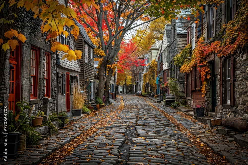 A high-angle shot of a cobblestone street lined with trees displaying vibrant autumn colors