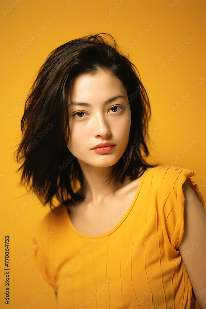 Portrait of a beautiful young asian woman on yellow background. Portrait of a beautiful young asian woman on yellow background.
