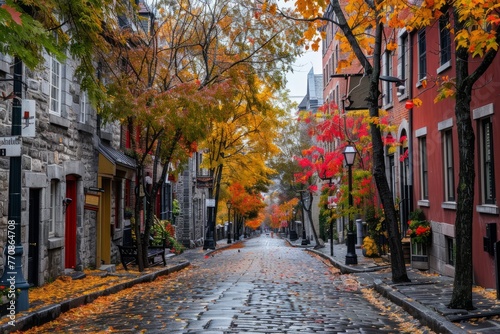 A high-angle shot of a quaint cobblestone street lined with trees showcasing vibrant autumn colors