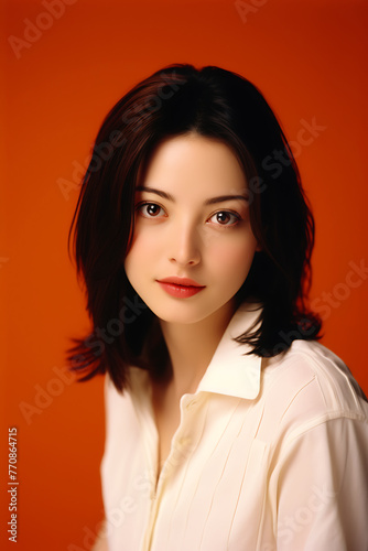 Portrait of a beautiful young woman in a white shirt on a orange background.