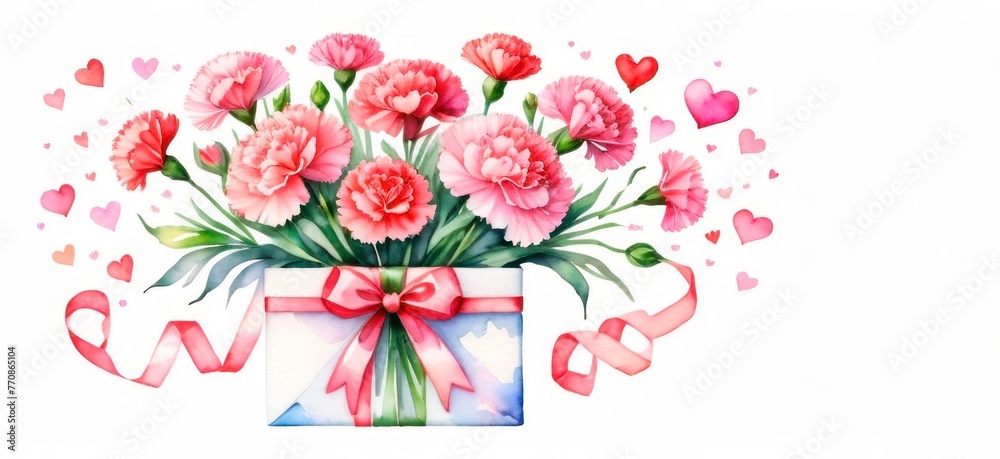 Floral isolated watercolor illustration on white background gift with bouquet of carnations and with hearts, elements for design greetings for mothers day, or birthday