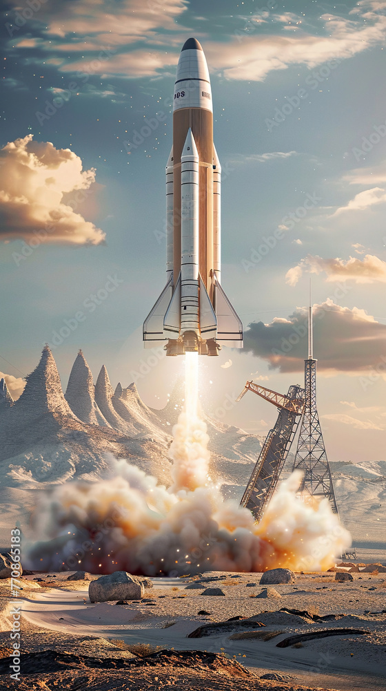 A tall space rocket takes off from launch pad amidst a spectacular cloud of smoke and fire against blue sky. Concept exploring the galaxy, international day of cosmonautics and human space flight - obrazy, fototapety, plakaty 