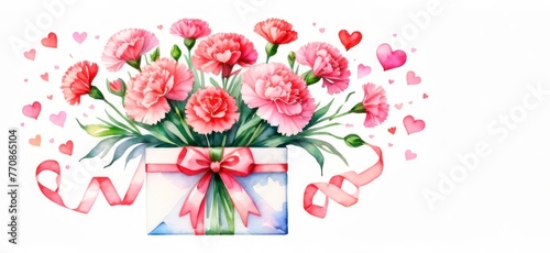 Floral isolated watercolor illustration on white background gift with bouquet of carnations and with hearts, elements for design greetings for mothers day, or birthday