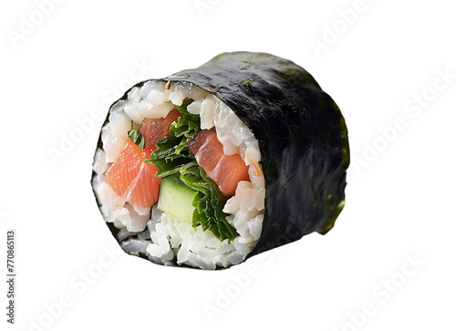 Illustrate a sushi roll against a white background, showcasing traditional Japanese cuisine in isolation.


