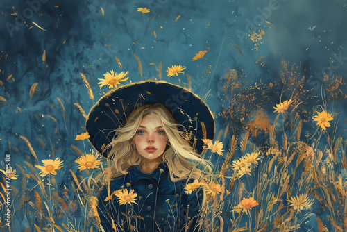 jeune fille blonde aux yeux bleus très clairs, visage allongé ressemblant à une sylphide portant un chapeau et une robe noire, des fleurs des champs volent autour d'elle. photo