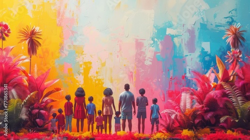 Vibrant Family Illustration with Colorful Backdrop