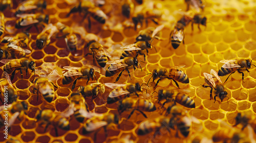 Close up view of working bees on honeycells.