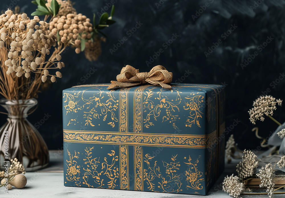 paquet cadeau, mock-up, bleu et jaune or, doré, avec un nœud sur le dessus entouré de fleurs séchées blanches sur un fond bleu foncé. - obrazy, fototapety, plakaty 